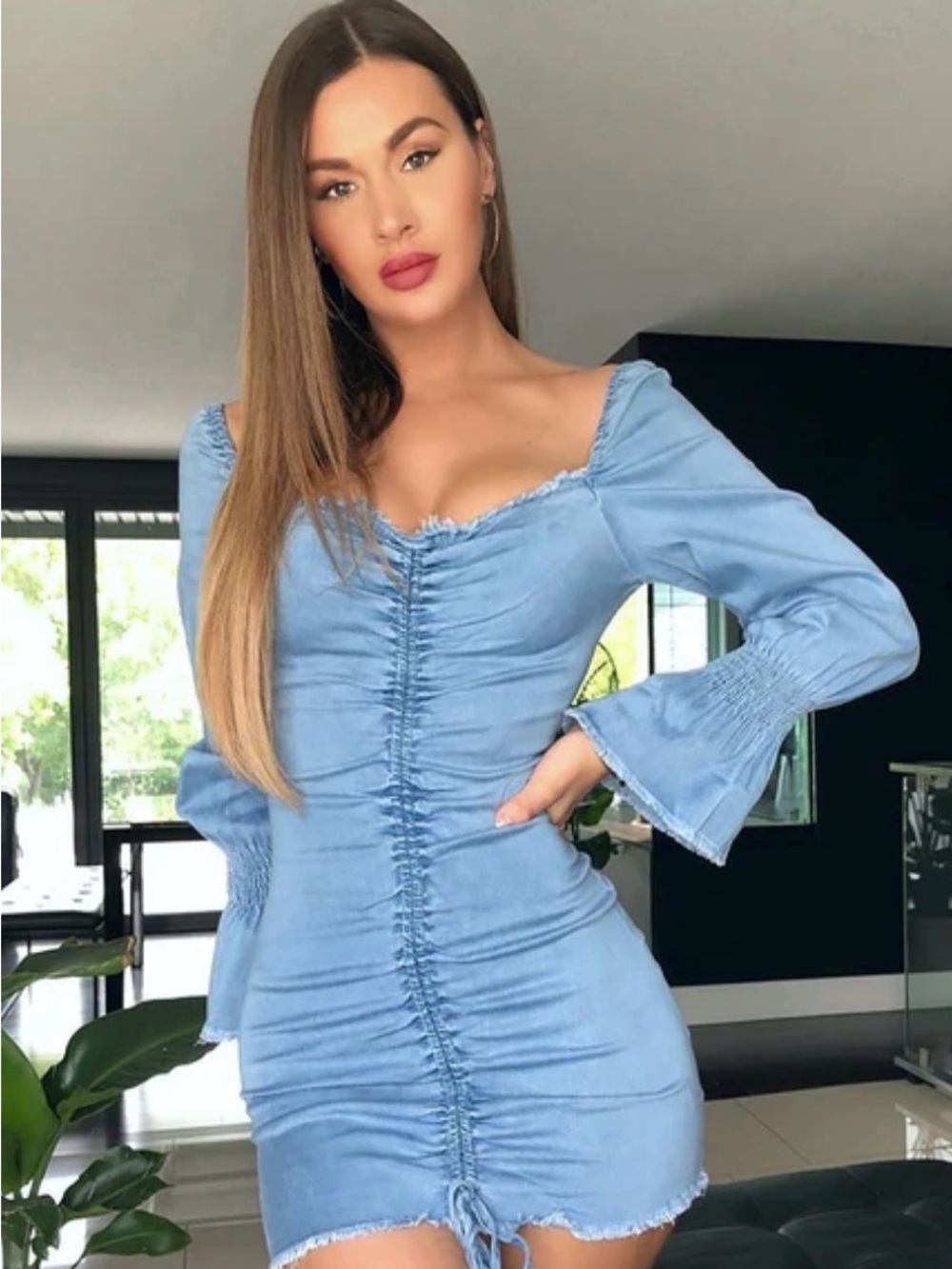Fashion Nova Light Blue Ruched Sweetheart Mini Dress